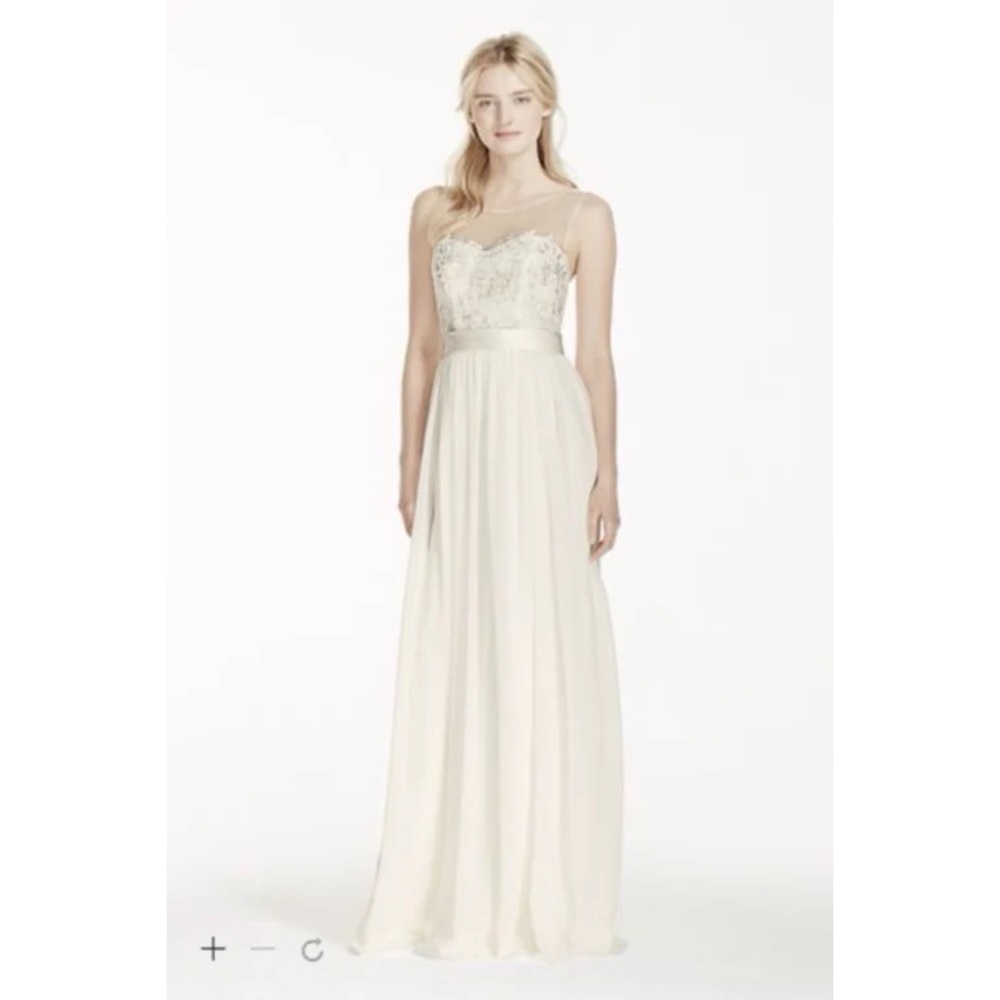 🟡SOLD🟡 Romantic Illusion Lace Tank Chiffon David’s Bridal White Wedding Dress